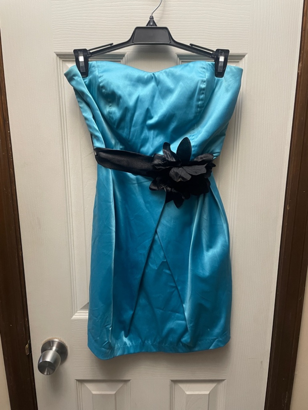 Trixxi Strapless Satin Mini Dress in Turquoise with Black Belt Flower